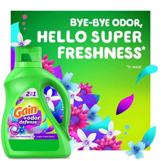 Gain+Odor Defense Super Fresh Blast Liquid Laundry Detergent, bye bye odor, hello super freshness