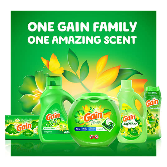 One Gain family one amazing scent: Gain Dryer Sheets, Gain Liquid Laundry Detergent, Gain Flings, Gain Fabric Softner, Gain Scent Booster