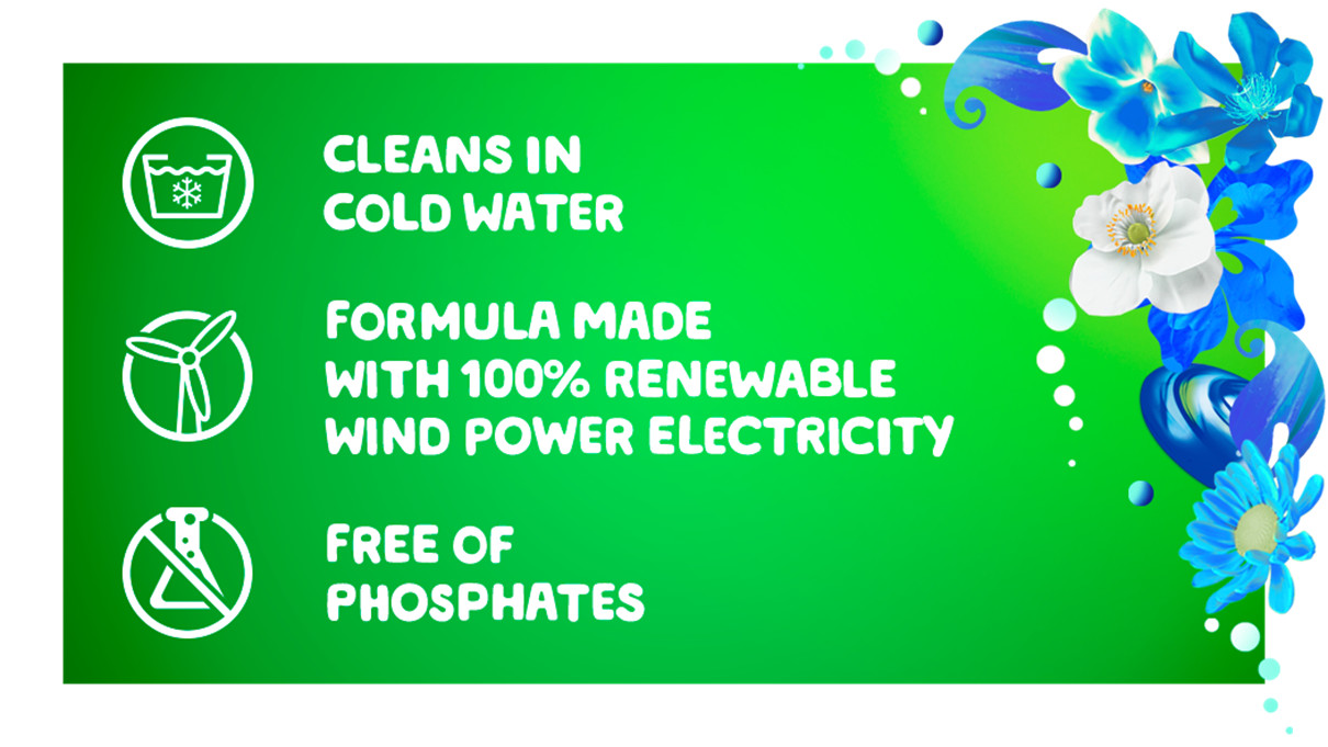 Cleans in cold water, formula made with 100% renewable wind power electricity, free of phosphates