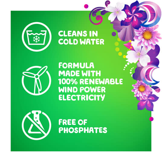 Gain Moonlight Breeze Liquid Laundry Detergent cleans in cold water, the formula is made with 100% reneweable wind power electricity and it is free of phosphates