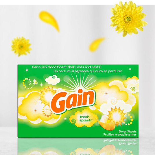 Packaging with Gain Fresh Splash Fabric Softener Sheets