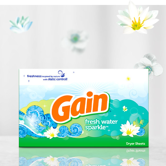 Packaging with Gain Fresh Water Sparkle Fabric Softener Sheets