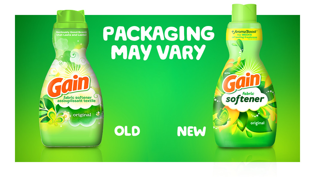 Packaging may vary: the picture is showing 2 bottles of Gain Original Fabric Softner with old and new packaging
