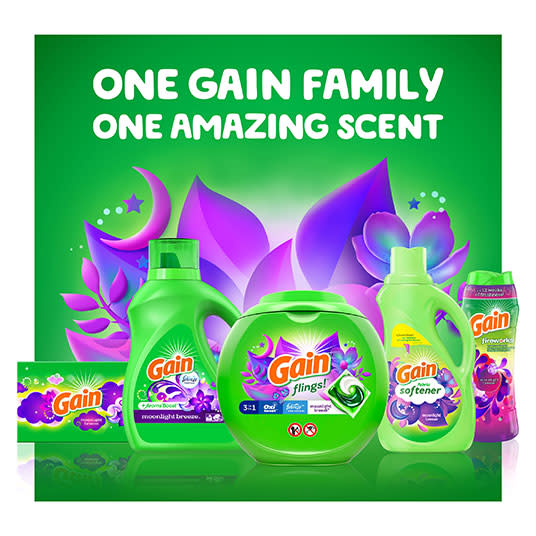 One Gain family one amazing scent: Gain Dryer Sheets, Gain Liquid Laundry Detergent, Gain Flings, Gain Fabric Softner, Gain Scent Booster