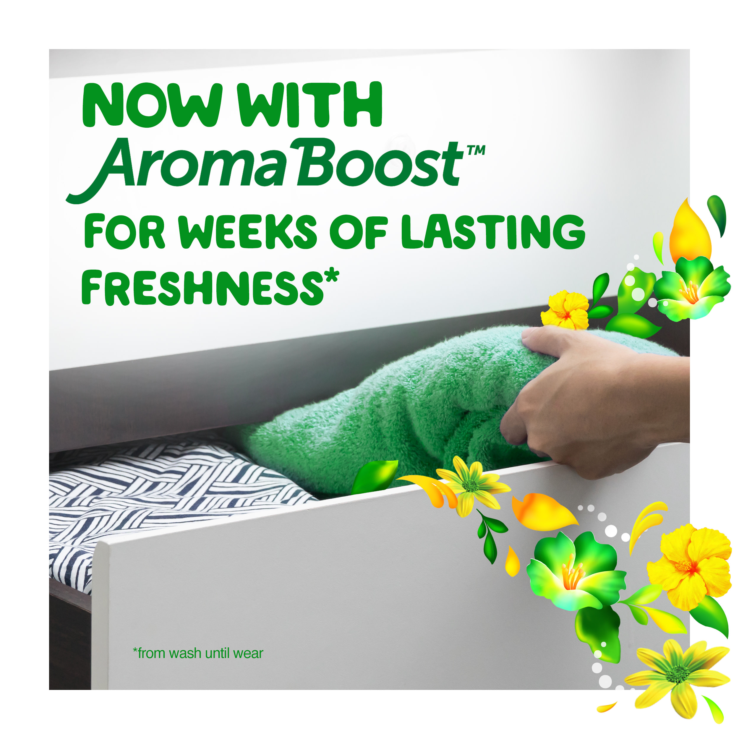 Gain Original Fabric Softener now with Aroma Boost for weeks of lasting freshness*