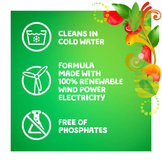 Gain Apple Mango Tango Liquid Laundry Detergent cleans in cold water, formula made with 100% renewable wind power electricity and free of phosphates.