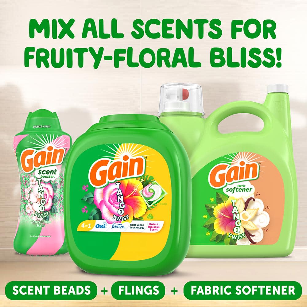 Gain Tango Twist Rose and Hibiscus Scent Laundry Detergent Pacs packaging, mix all scents for fruity-floral bliss!