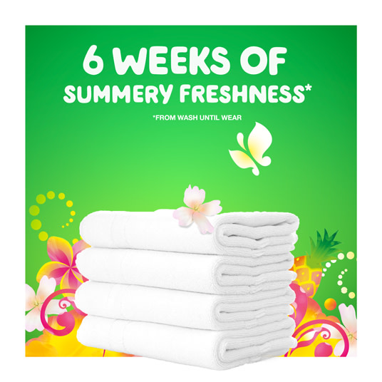 Freshly washed towels with Gain Hawaiian Aloha Liquid Laundry Detergent keep six weeks of summery freshness