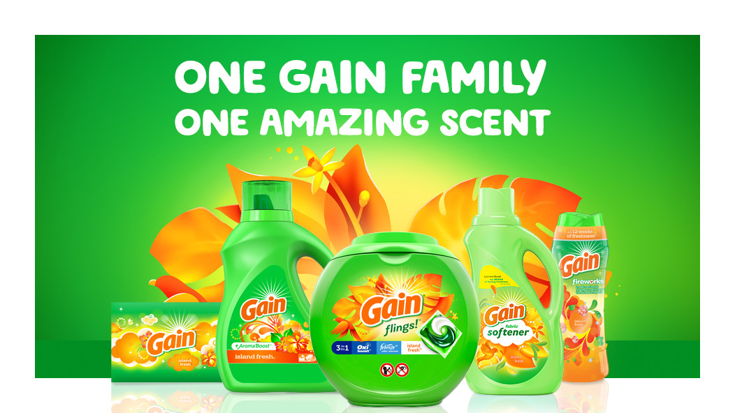 One Gain Family, one amazing scent: Gain Island Fresh Liquid Laundry Detergent, Gain Flings, Fabric Softener and Island Fresh Scent Boosters