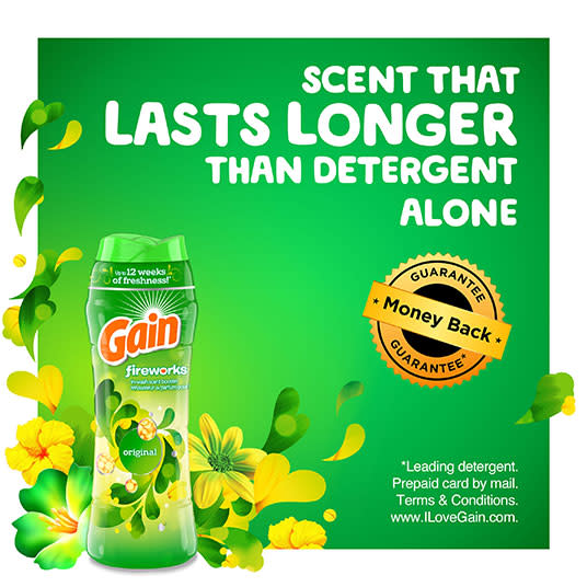 Gain Original Fireworks scent that lasts longer than detergent alone