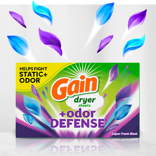 Packaging with Gain+Odor Defense Super Fresh Blast Dryer Sheet