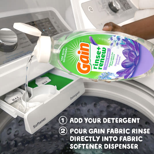 Gain Dewdrop Dream Rinse and Renew Fabric Rinse, Add more detergent, pour gain fabric rinse directly into fabric softener dispenser