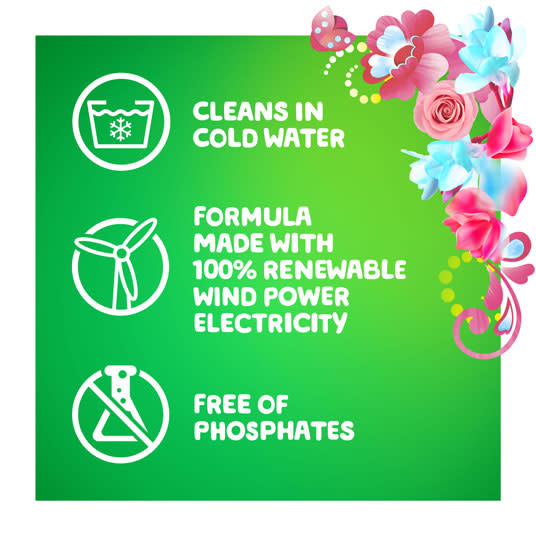 Gain Spring Daydream Liquid Laundry Detergent cleans in cold water, the formula is made with 100% reneweable wind power electricity and it is free of phosphates