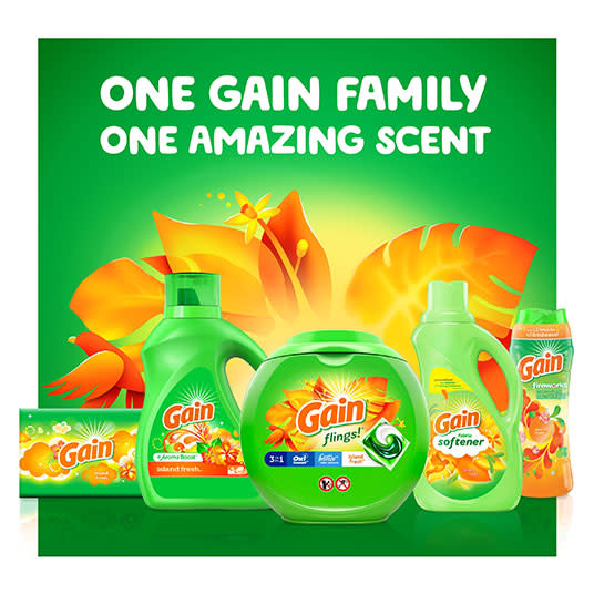 One Gain family one amazing scent: Gain Dryer Sheet, Gain Liquid Laundry Detergent, Gain Flings, Gain Fabric Softner, Gain Scent Booster