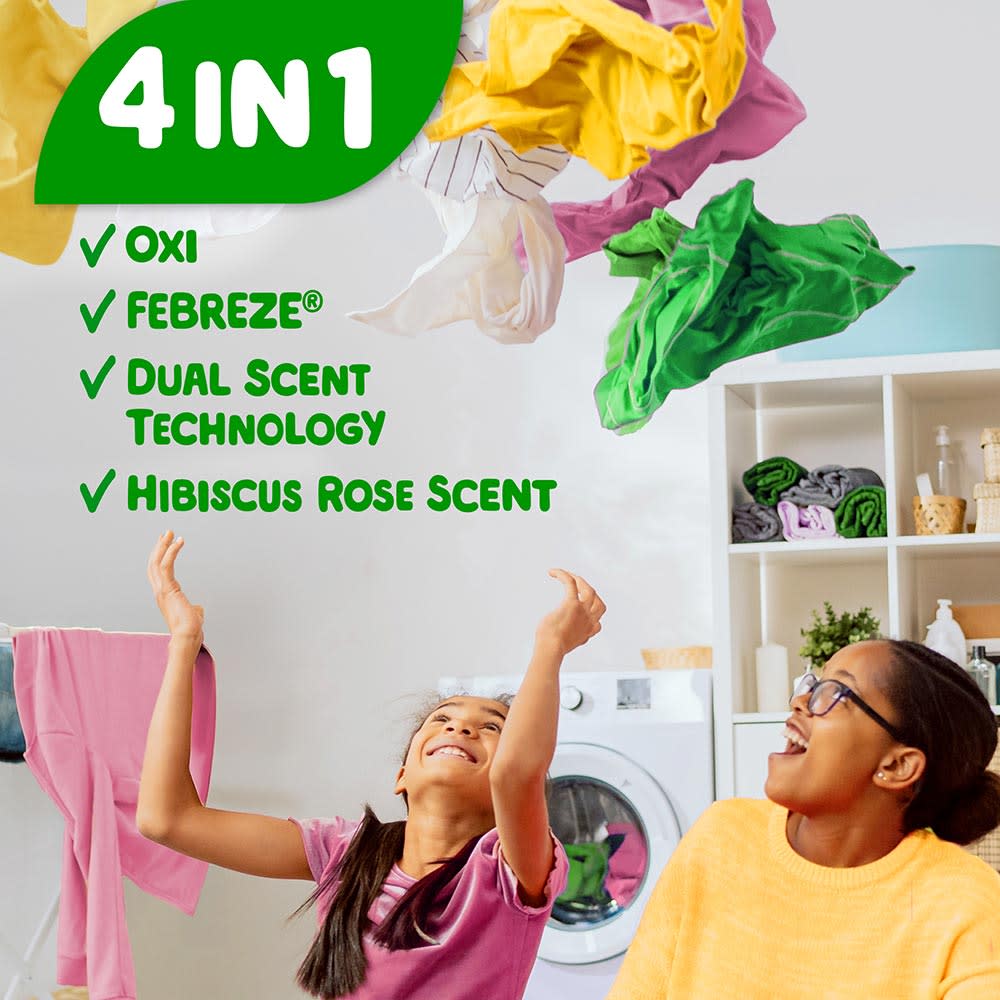 Gain Tango Twist Rose and Hibiscus Scent Laundry Detergent Pacs packaging,  2 in 1 up to all day freshness + dual scents