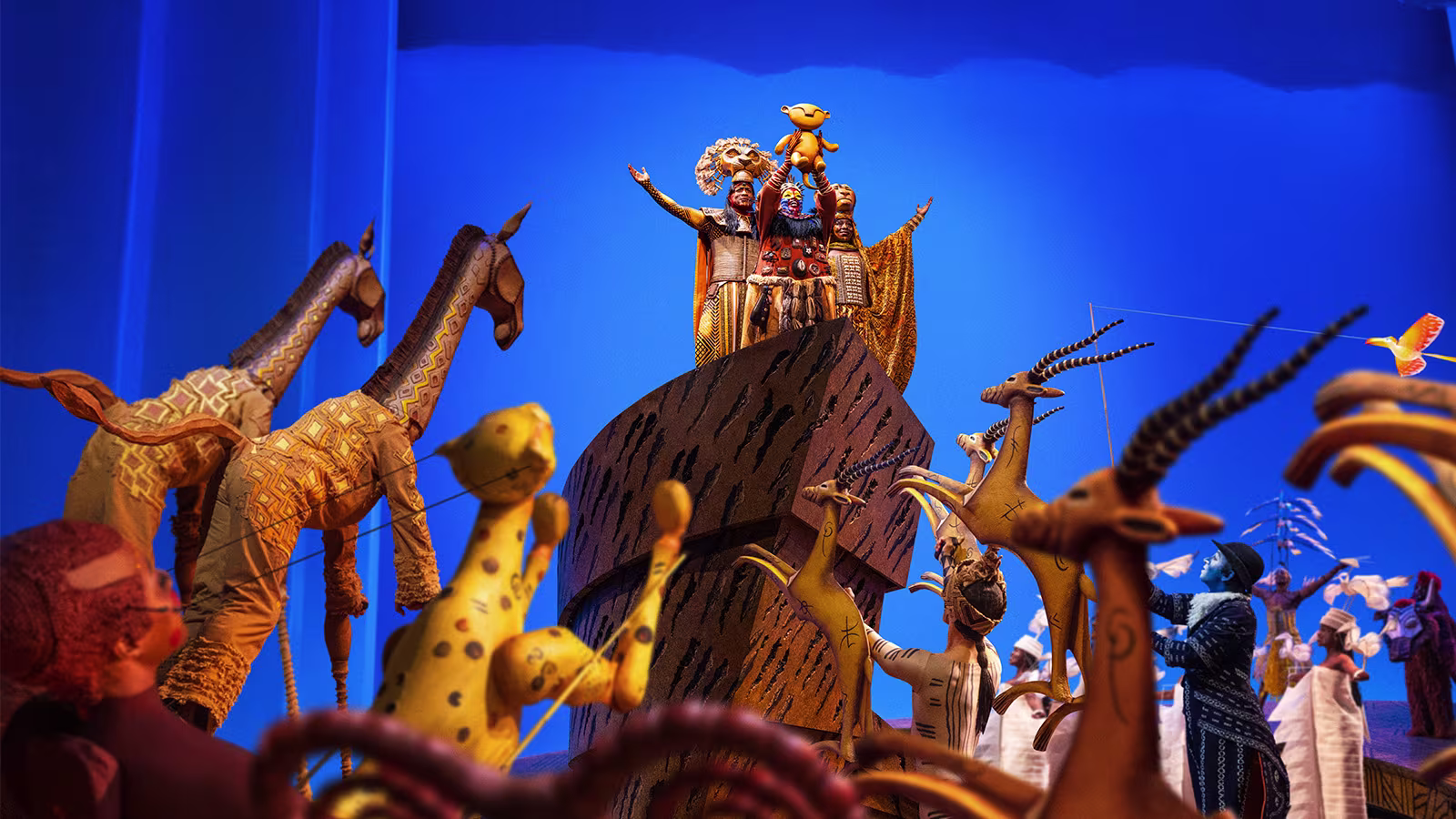 Disneys Der König der Löwen Showbild der Cast in Kostümen vor blauem Hintergrund