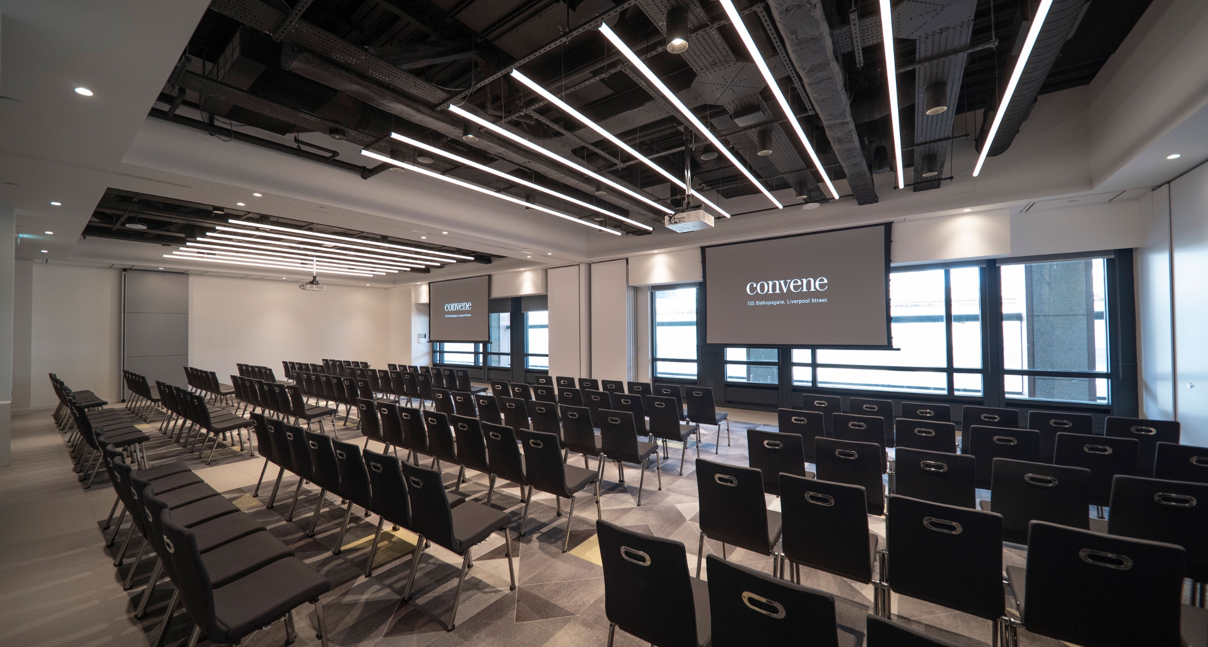 ‘Commercial Suite’ with theater setup is the second large conference space on our second floor at our 155 Bishopsgate London venue.
