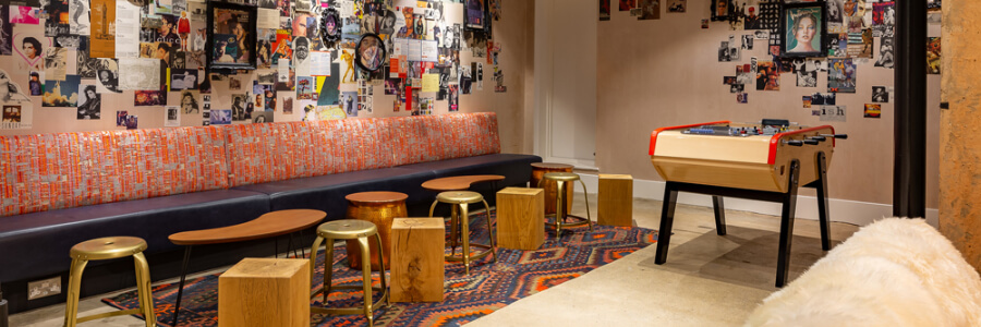 On the lower ground floor of our chancery Lane venue you will find our Lounge area. Unlike our other lounges this one offers a foosball table, sofa seating and a decorative collage of artwork.
