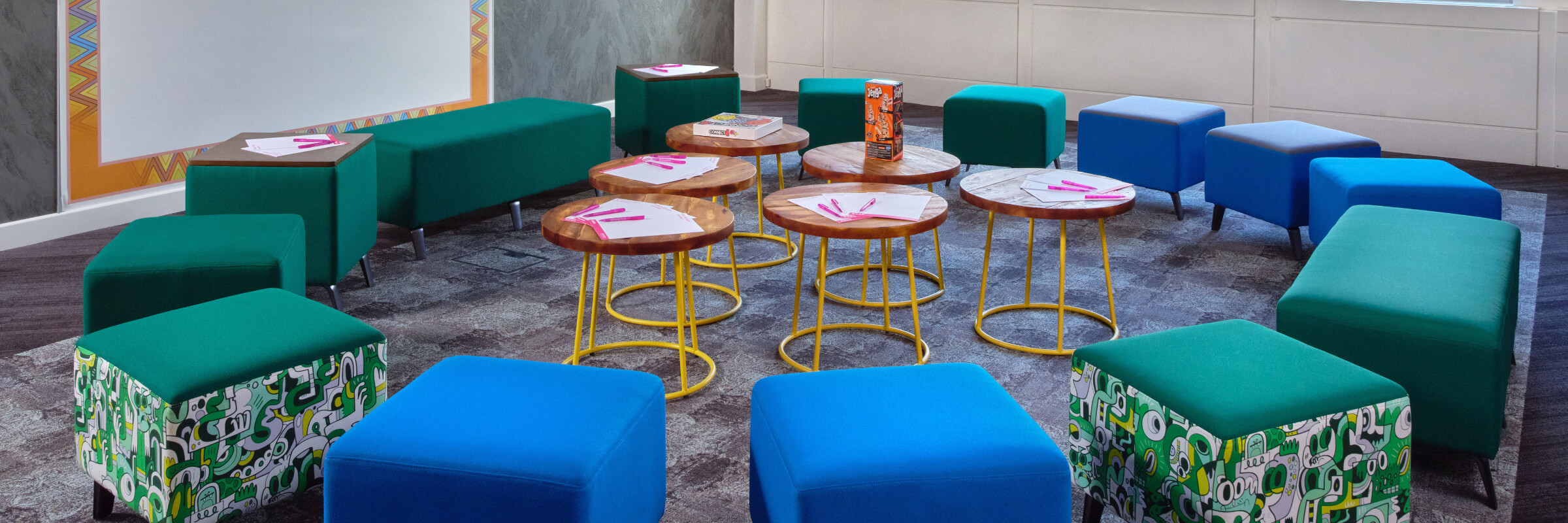 ‘Talent’ is a flexible meeting and training room which clients love to set up with our colourful Pouffes.