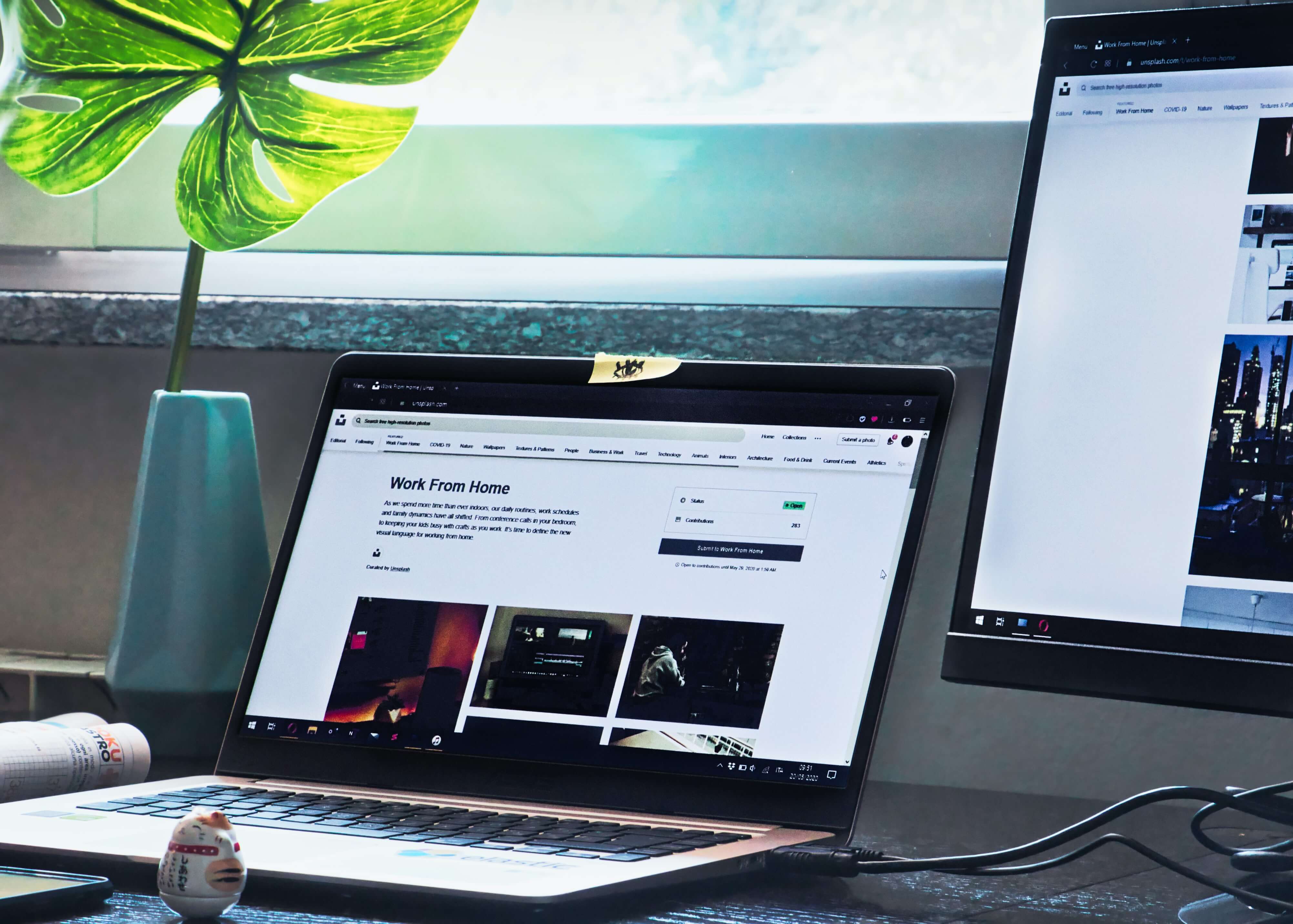 A laptop connected to a monitor on a desk near a window and plant