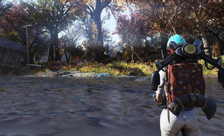 A character looking out over a body of water, with the fishing rod cast for fishing