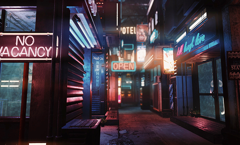 Fallout 76 alleyway at night with neon signs like ‘NO VACANCY’ and ‘OPEN,’ creating a cyberpunk-style atmosphere.