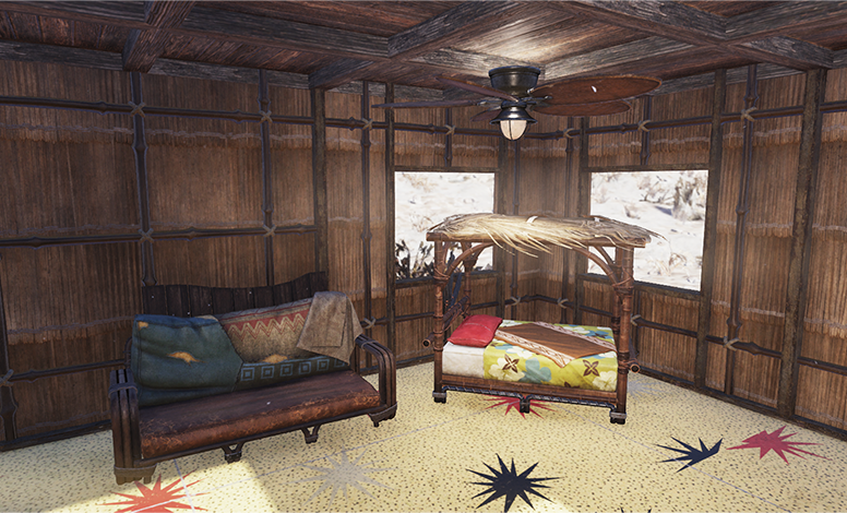 A cozy room in Fallout 76 with wooden tiki walls, a brown couch with colorful pillows, a small canopy bed, and a patterned carpet.