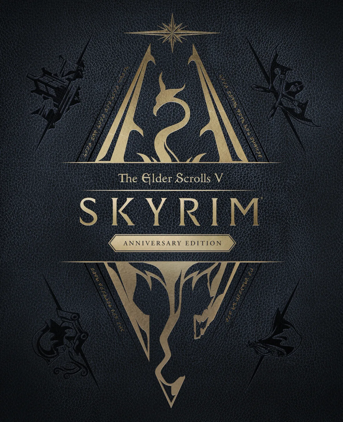 The Elder Scrolls V: Skyrim cover art that features a dark, textured surface resembling leather, serving as a backdrop for a bold, metallic gold design. Centered is the emblematic Imperial Dragon sigil—a stylized dragon symbol framed within a diamond-shaped border, also in brushed gold. Below this, the title appears: "The Elder Scrolls V" in smaller elegant serif type, and "SKYRIM" in larger uppercase letters. Beneath the title, a small, gold hexagon-shaped label reads "ANNIVERSARY EDITION" in clean, uppercase font.