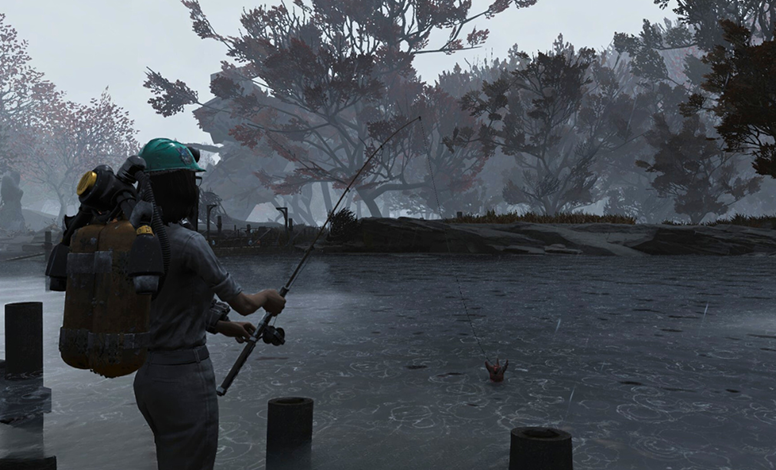 Screenshot of a character fishing and starting to reel in a fish