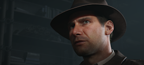 Close-up of Indiana Jones' face in a dark room