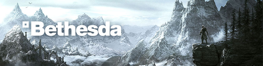 Bethesda logo with landscape from Skyrim