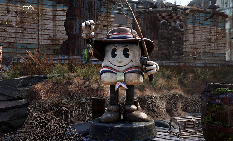 A weathered statue of a smiling Marshal Mallow sits on a dock