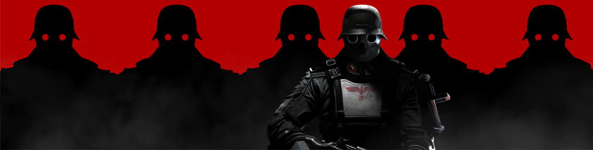 Wolfenstein artwork. Soldier holding a machine gun with silhouettes of soldiers in the background.