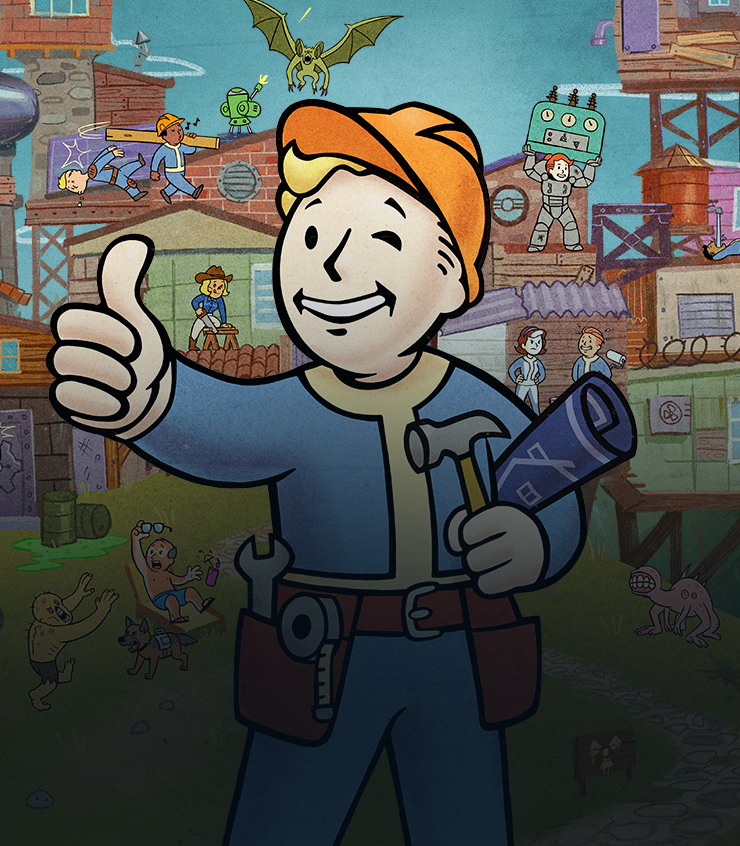 Vault Boy wearing a construction hat holds a thumbs up in front of a house under construction.