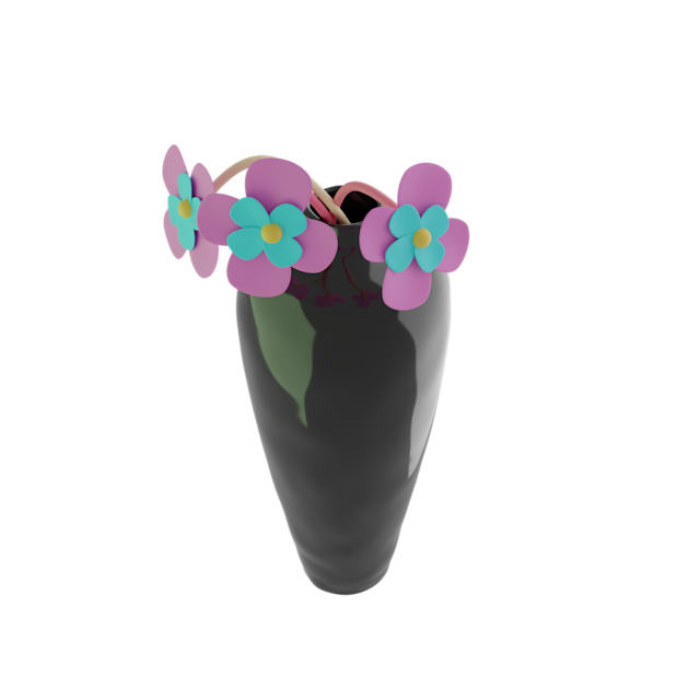 A 3d rendering of a vase with pink flowers.