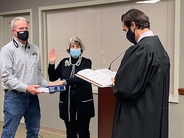 Nancy Kaboolian being sworn in as mayor of Ardsley, New York.