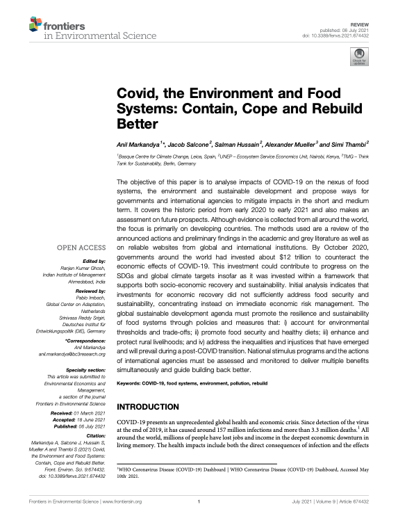 Covid, the Environment and Food Systems: Contain, Cope and Rebuild Better