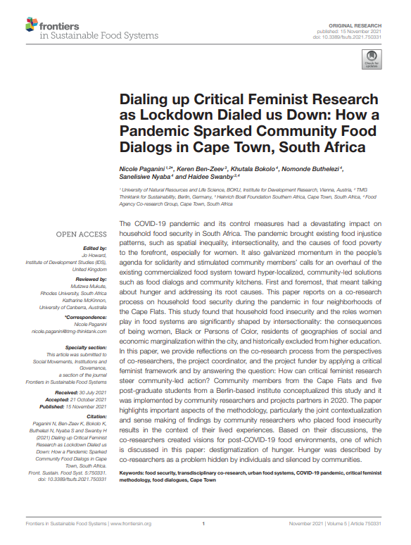Dialing up Critical Feminist Research as Lockdown Dialed us Down: How a Pandemic Sparked Community Food Dialogs in Cape Town, South Africa