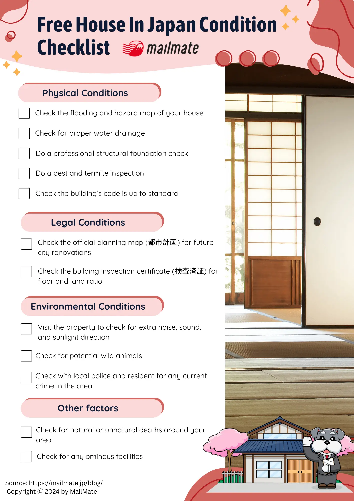 Condition checklist for free houses in Japan