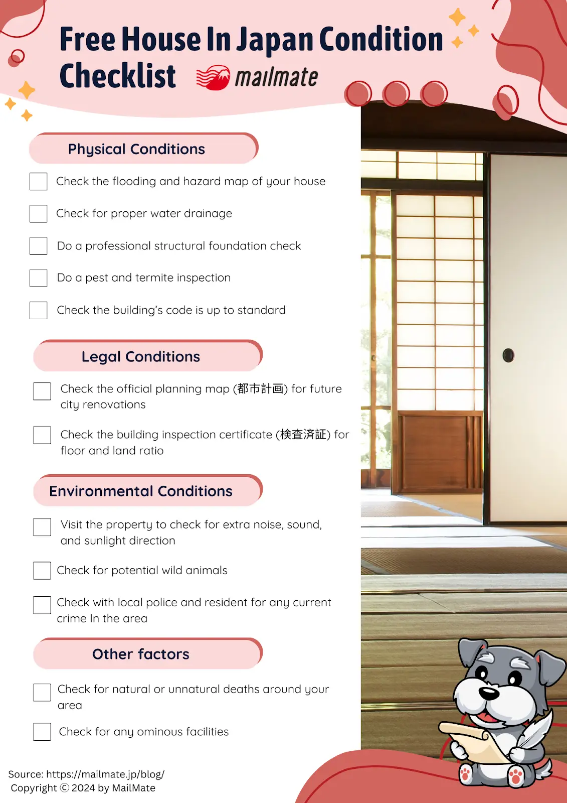 Condition checklist for free houses in Japan