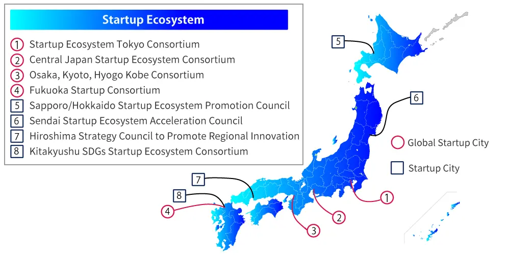A map of Japan showing startup ecosystems
