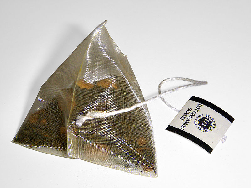 A tea bag made of nylon. Image source: Wikimedia Commons