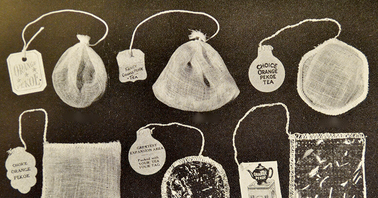 Early incarnations of tea bags were sachet-styled and tied off with a string to keep tea within the bag. Image source: BostonTeaPartyShip.com
