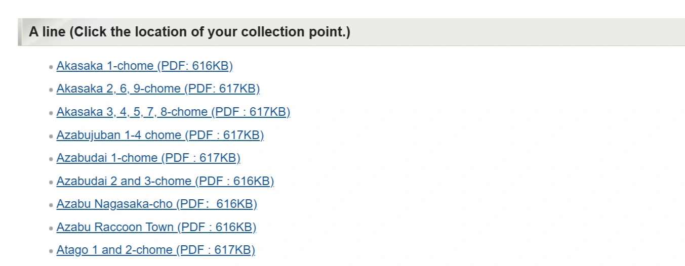 For instance, if your address is 1-10 Akasaka, Minato City, you would look for the garbage collection days for Akasaka 1. 