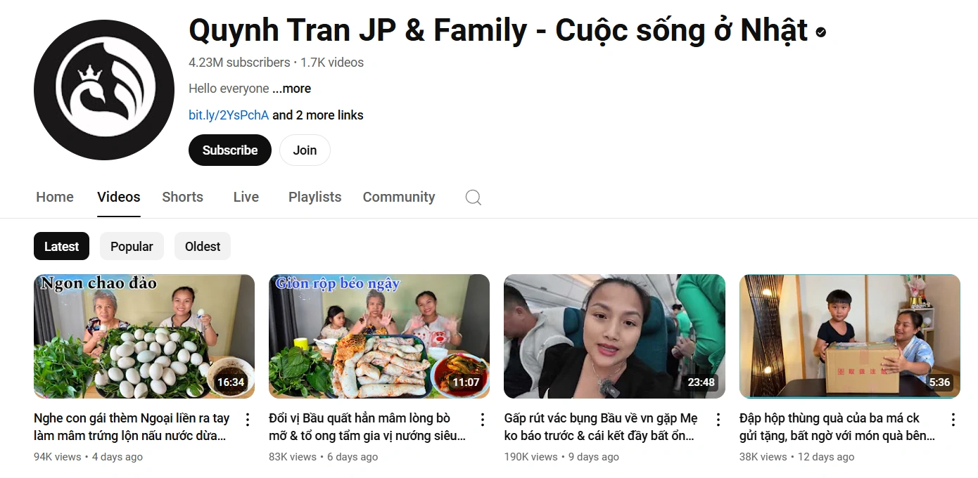 Kênh Youtube của Quỳnh Trần JP