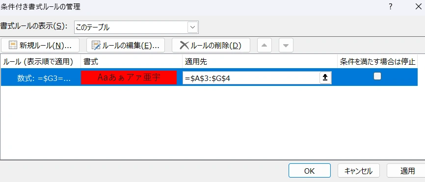 （「ステータス」が「未処理」なら行全体を赤くする、などを設定する場合）ステータス列を追加し、「ホーム」タブの「条件付き書式」から色付けのルールを設定する