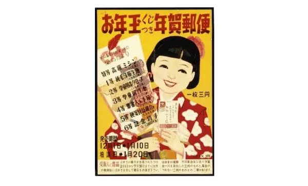 [Image: Poster advertising the first New Year’s postcard lottery from 1949. Postal Museum Japan.]