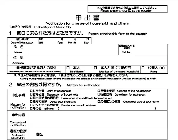 Notification of Change of Household (Setai Henkou Todoke) for Minato