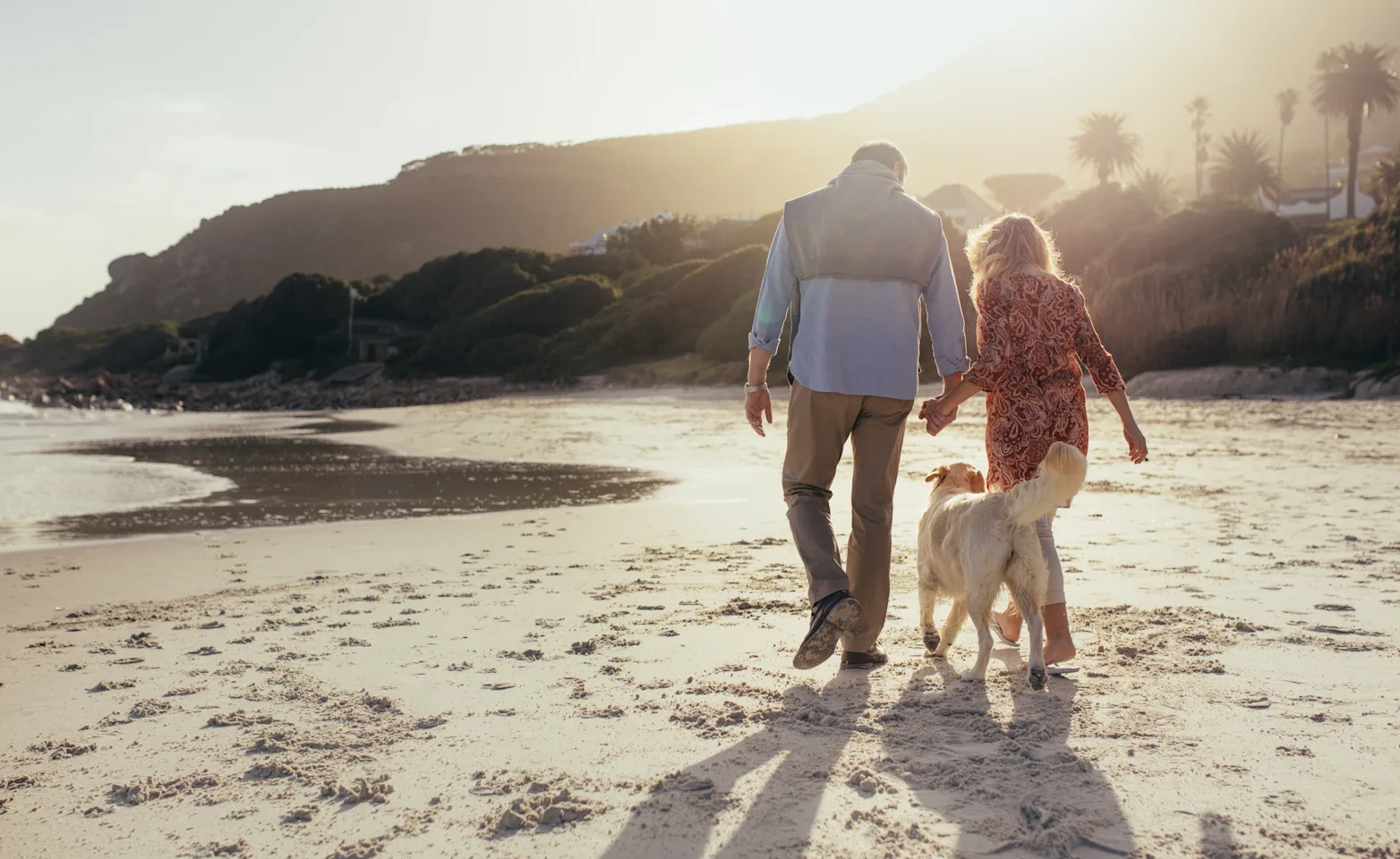 A man and woman hold hands on the beach with their golden retriever following them A man and woman hold hands on the beach with their golden retriever following them