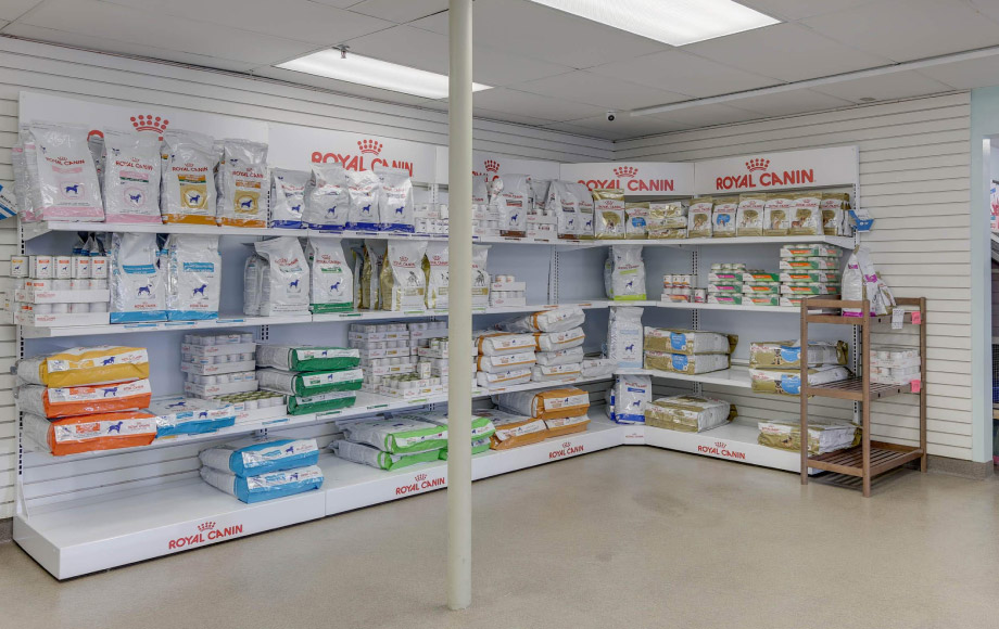  Owl Creek Veterinary Hospital's in store pharmacy store where they have a bunch of products for your pets on shelves.